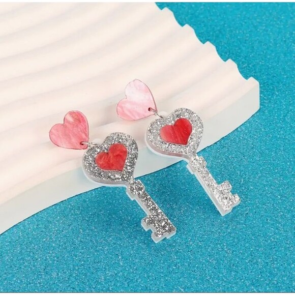 Sparkly Silver Keys Pink Hearts inside Above Dangle Earrings - Picture 3 of 5
